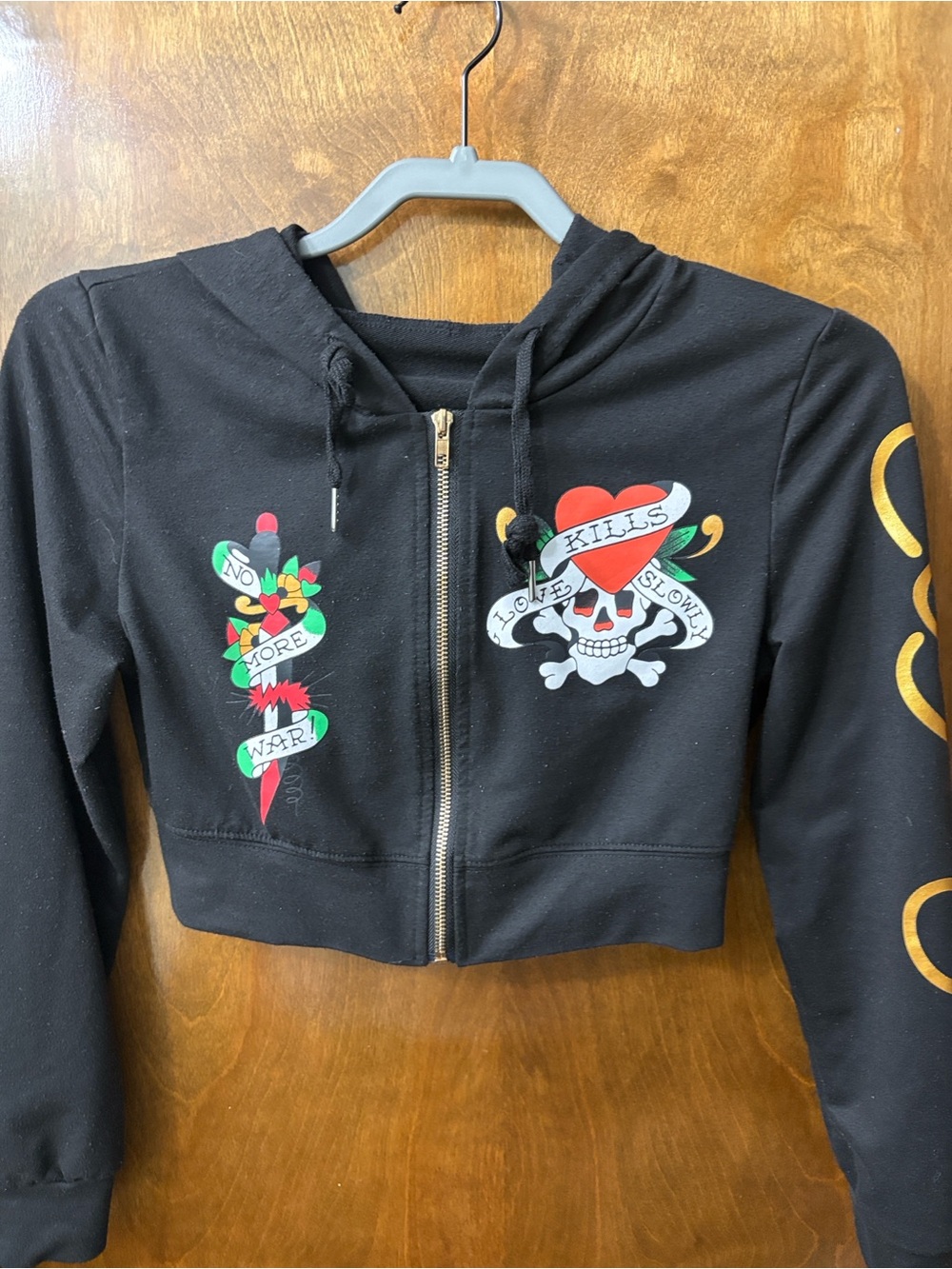 Ed Hardy Black Cropped Zip Hoodie with Heart & Skull Graphic - women’s S